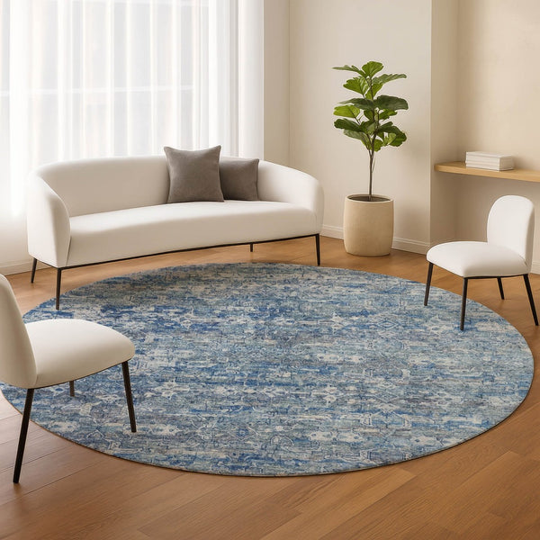 HomeRoots 8' Denim Blue Ikat Area Rug - Stylish Washable Round Design for Indoor & Outdoor Spaces, Durable & Easy Care 659356