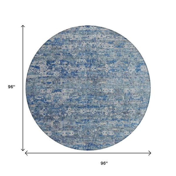 HomeRoots 8' Denim Blue Ikat Area Rug - Stylish Washable Round Design for Indoor & Outdoor Spaces, Durable & Easy Care 659356