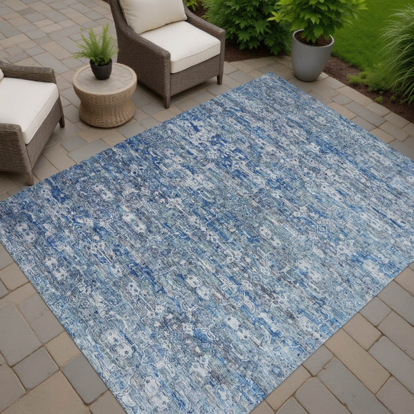 HomeRoots 8' Stylish Denim Blue and Ivory Ikat Washable Area Rug for Indoor/Outdoor High-Traffic Spaces 659357