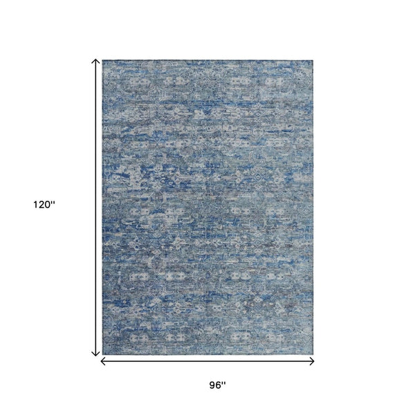 HomeRoots 8' Stylish Denim Blue and Ivory Ikat Washable Area Rug for Indoor/Outdoor High-Traffic Spaces 659357