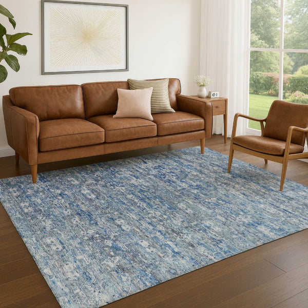 HomeRoots 8' Stylish Denim Blue and Ivory Ikat Washable Area Rug for Indoor/Outdoor High-Traffic Spaces 659357