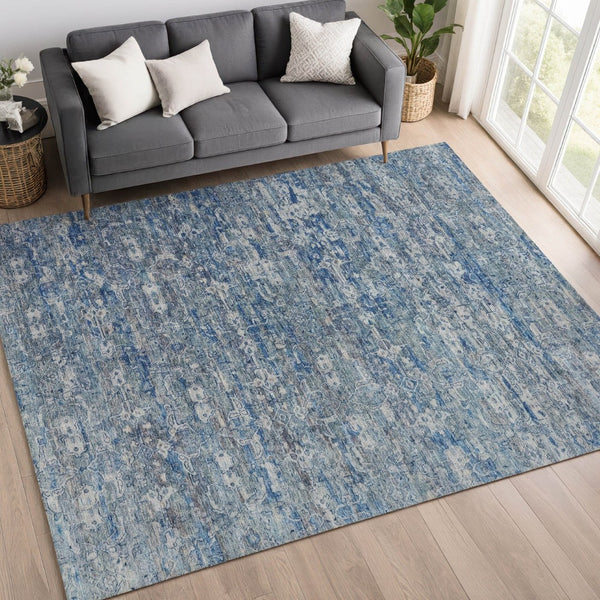 HomeRoots 10' Denim Blue & Ivory Ikat Area Rug – Durable, Washable, Stylish for Indoor & Outdoor Spaces! 659359