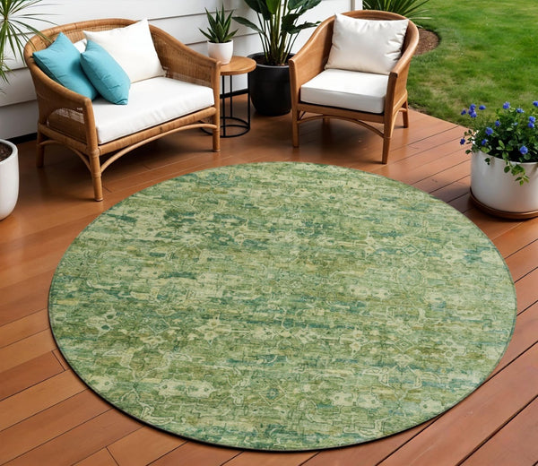 HomeRoots 8' Olive Green & Sage Round Ikat Rug - Stylish, Washable, Indoor/Outdoor, Durable for Busy Homes 659362
