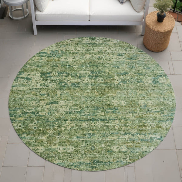 HomeRoots 8' Olive Green & Sage Round Ikat Rug - Stylish, Washable, Indoor/Outdoor, Durable for Busy Homes 659362