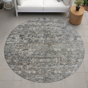 HomeRoots 8' Contemporary Pewter and Silver Round Ikat Area Rug - Washable, Stain Resistant for Indoor/Outdoor Use 659374