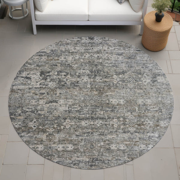 HomeRoots 8' Contemporary Pewter and Silver Round Ikat Area Rug - Washable, Stain Resistant for Indoor/Outdoor Use 659374