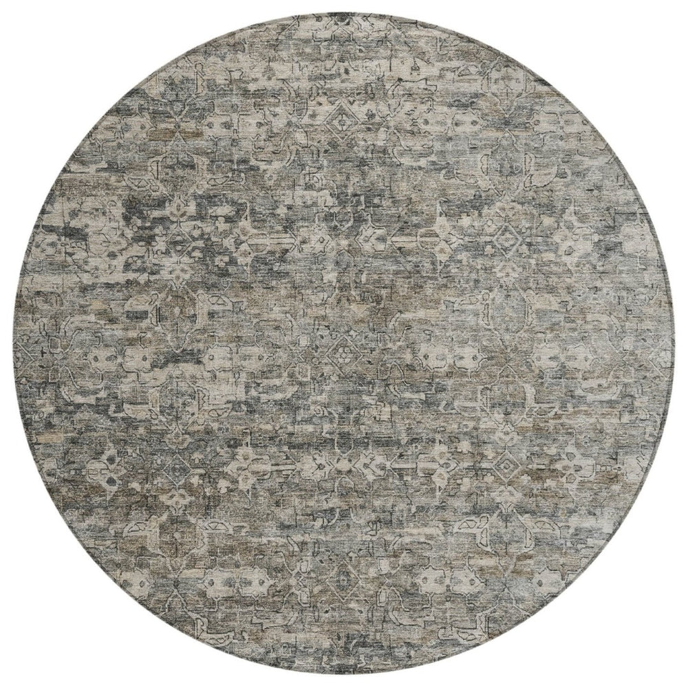 HomeRoots 8' Contemporary Pewter and Silver Round Ikat Area Rug - Washable, Stain Resistant for Indoor/Outdoor Use 659374