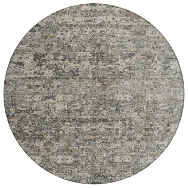 HomeRoots 8' Contemporary Pewter and Silver Round Ikat Area Rug - Washable, Stain Resistant for Indoor/Outdoor Use 659374