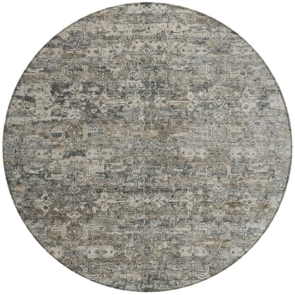 HomeRoots 8' Contemporary Pewter and Silver Round Ikat Area Rug - Washable, Stain Resistant for Indoor/Outdoor Use 659374