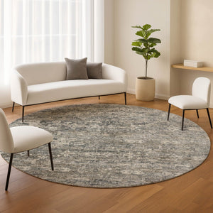 HomeRoots 8' Contemporary Pewter and Silver Round Ikat Area Rug - Washable, Stain Resistant for Indoor/Outdoor Use 659374