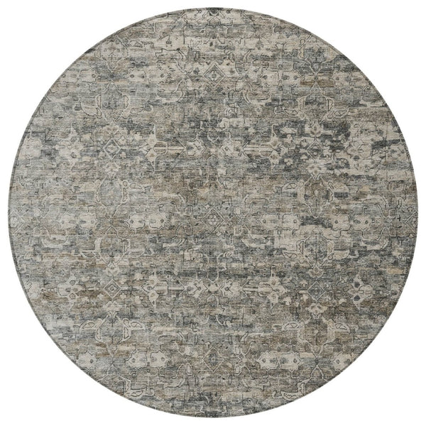 HomeRoots 8' Contemporary Pewter and Silver Round Ikat Area Rug - Washable, Stain Resistant for Indoor/Outdoor Use 659374