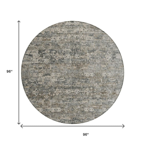 HomeRoots 8' Contemporary Pewter and Silver Round Ikat Area Rug - Washable, Stain Resistant for Indoor/Outdoor Use 659374