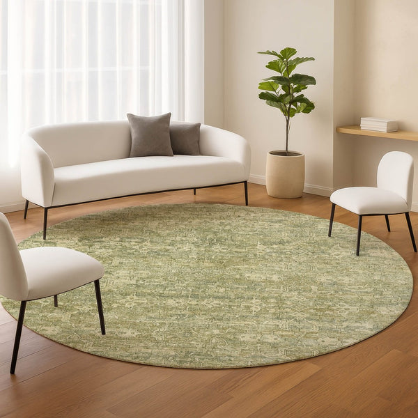 HomeRoots 8' Sage and Ivory Round Ikat Rug – Washable, Durable, Stylish for Indoor or Outdoor Spaces! 659380