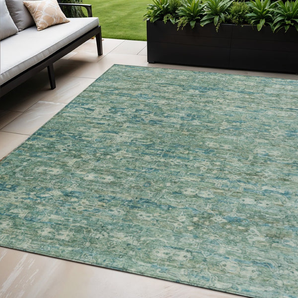 HomeRoots 5' Teal Blue & Ivory Ikat Area Rug - Stylish, Durable, Washable for Indoor/Outdoor Spaces & High Traffic 659385