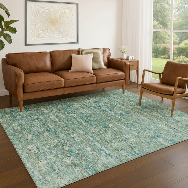 HomeRoots 8' X 10' Teal Blue and Ivory Ikat Washable Area Rug – Durable, Stylish for Indoor & Outdoor Spaces! 659387