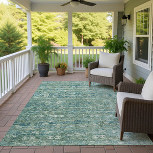 HomeRoots 8' X 10' Teal Blue and Ivory Ikat Washable Area Rug – Durable, Stylish for Indoor & Outdoor Spaces! 659387