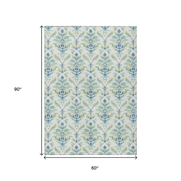 HomeRoots 5' Artichoke Green Damask Area Rug - Washable, Durable Design for Indoor & Outdoor Elegance! 659391