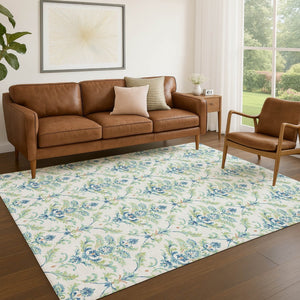 HomeRoots 5' Artichoke Green Damask Area Rug - Washable, Durable Design for Indoor & Outdoor Elegance! 659391