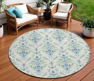 HomeRoots 8' Elegant Damask Green & Blue Round Area Rug – Washable, Durable Design for Indoor & Outdoor Use 659392