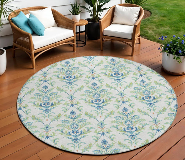HomeRoots 8' Elegant Damask Green & Blue Round Area Rug – Washable, Durable Design for Indoor & Outdoor Use 659392