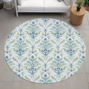 HomeRoots 8' Elegant Damask Green & Blue Round Area Rug – Washable, Durable Design for Indoor & Outdoor Use 659392