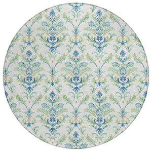 HomeRoots 8' Elegant Damask Green & Blue Round Area Rug – Washable, Durable Design for Indoor & Outdoor Use 659392