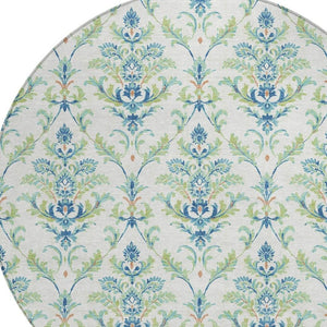 HomeRoots 8' Elegant Damask Green & Blue Round Area Rug – Washable, Durable Design for Indoor & Outdoor Use 659392