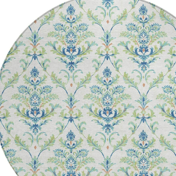 HomeRoots 8' Elegant Damask Green & Blue Round Area Rug – Washable, Durable Design for Indoor & Outdoor Use 659392