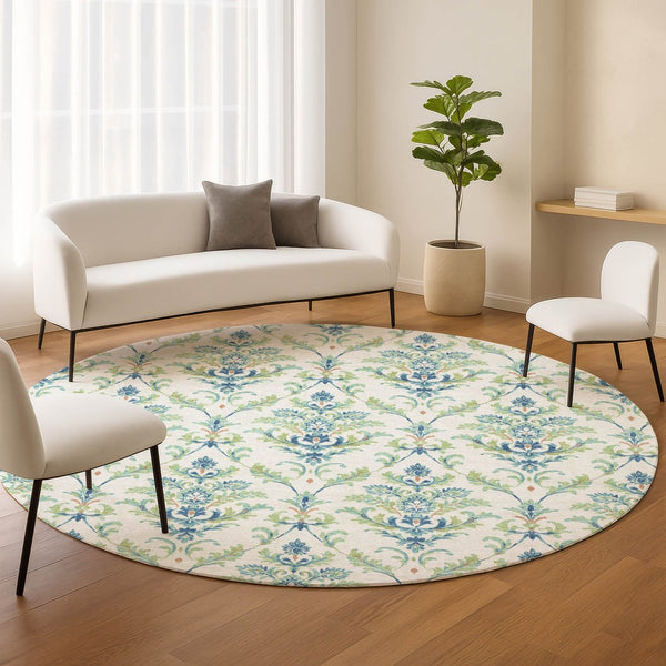 HomeRoots 8' Elegant Damask Green & Blue Round Area Rug – Washable, Durable Design for Indoor & Outdoor Use 659392