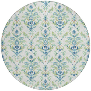 HomeRoots 8' Elegant Damask Green & Blue Round Area Rug – Washable, Durable Design for Indoor & Outdoor Use 659392