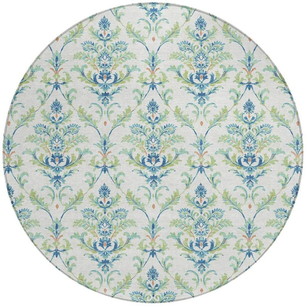 HomeRoots 8' Elegant Damask Green & Blue Round Area Rug – Washable, Durable Design for Indoor & Outdoor Use 659392