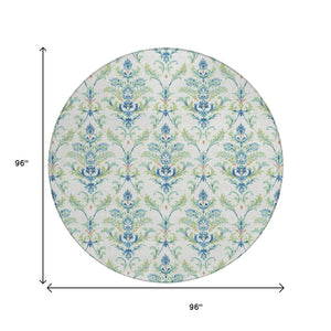 HomeRoots 8' Elegant Damask Green & Blue Round Area Rug – Washable, Durable Design for Indoor & Outdoor Use 659392