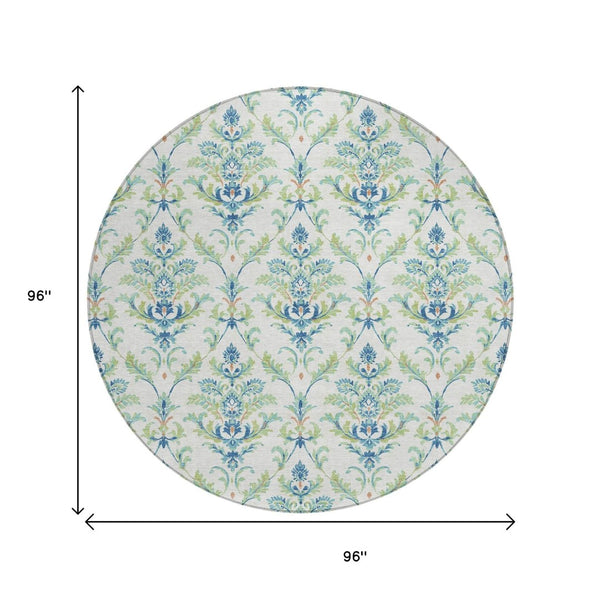 HomeRoots 8' Elegant Damask Green & Blue Round Area Rug – Washable, Durable Design for Indoor & Outdoor Use 659392