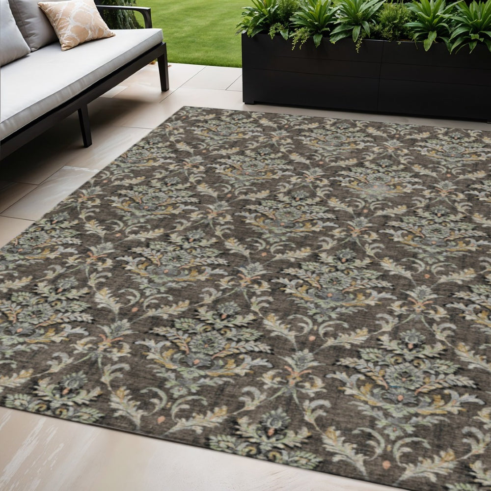 HomeRoots 5' Chocolate Copper Black Damask Indoor Outdoor Area Rug – Durable, Washable, Stylish & Versatile! 659397
