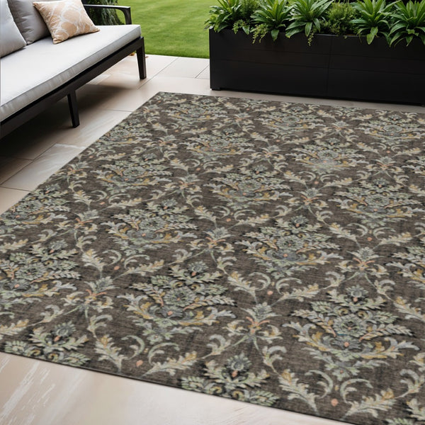 HomeRoots 5' Chocolate Copper Black Damask Indoor Outdoor Area Rug – Durable, Washable, Stylish & Versatile! 659397