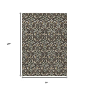 HomeRoots 5' Chocolate Copper Black Damask Indoor Outdoor Area Rug – Durable, Washable, Stylish & Versatile! 659397