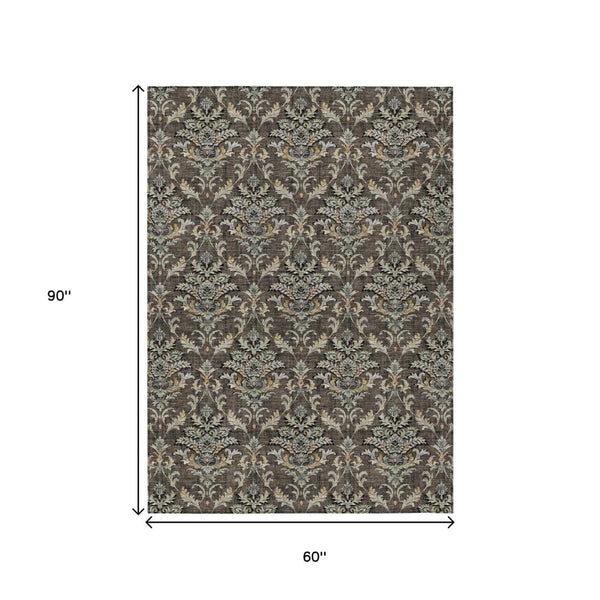 HomeRoots 5' Chocolate Copper Black Damask Indoor Outdoor Area Rug – Durable, Washable, Stylish & Versatile! 659397
