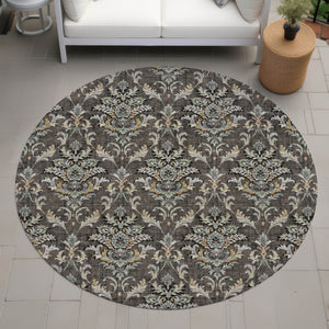 HomeRoots 8' Chocolate Copper and Black Round Damask Area Rug - Stylish, Durable, Washable for Indoor/Outdoor Use 659398