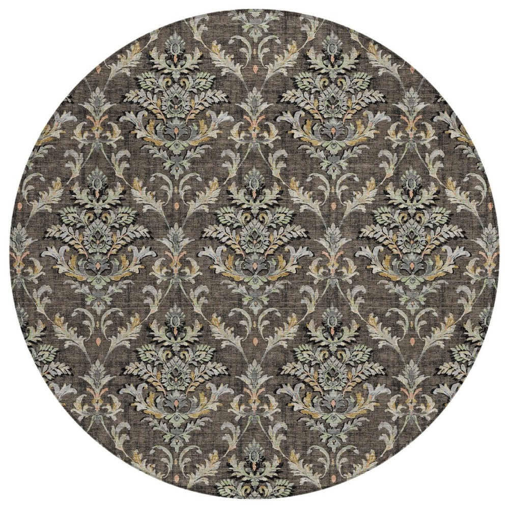 HomeRoots 8' Chocolate Copper and Black Round Damask Area Rug - Stylish, Durable, Washable for Indoor/Outdoor Use 659398