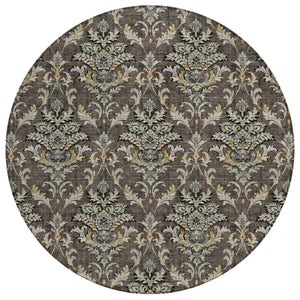 HomeRoots 8' Chocolate Copper and Black Round Damask Area Rug - Stylish, Durable, Washable for Indoor/Outdoor Use 659398