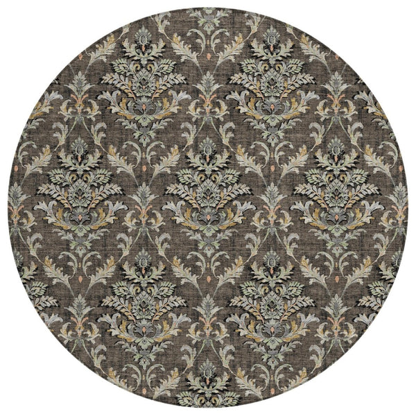 HomeRoots 8' Chocolate Copper and Black Round Damask Area Rug - Stylish, Durable, Washable for Indoor/Outdoor Use 659398
