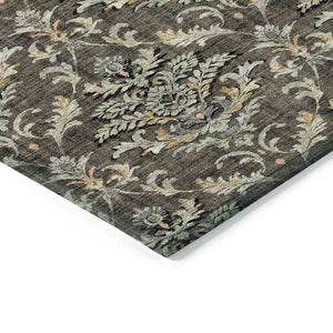 HomeRoots 8' Chocolate Copper and Black Round Damask Area Rug - Stylish, Durable, Washable for Indoor/Outdoor Use 659398
