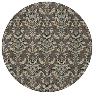HomeRoots 8' Chocolate Copper and Black Round Damask Area Rug - Stylish, Durable, Washable for Indoor/Outdoor Use 659398
