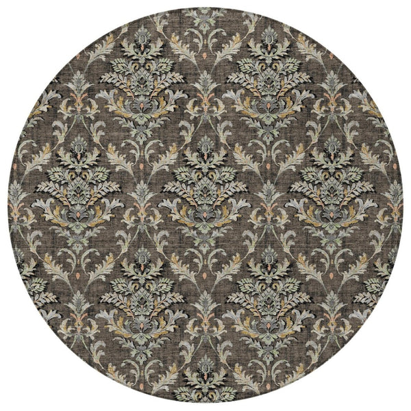 HomeRoots 8' Chocolate Copper and Black Round Damask Area Rug - Stylish, Durable, Washable for Indoor/Outdoor Use 659398