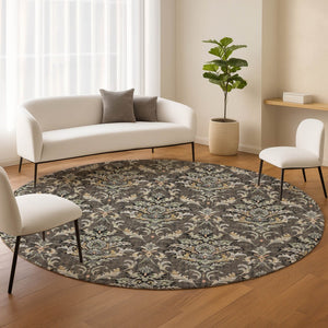 HomeRoots 8' Chocolate Copper and Black Round Damask Area Rug - Stylish, Durable, Washable for Indoor/Outdoor Use 659398
