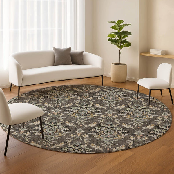 HomeRoots 8' Chocolate Copper and Black Round Damask Area Rug - Stylish, Durable, Washable for Indoor/Outdoor Use 659398