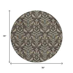 HomeRoots 8' Chocolate Copper and Black Round Damask Area Rug - Stylish, Durable, Washable for Indoor/Outdoor Use 659398