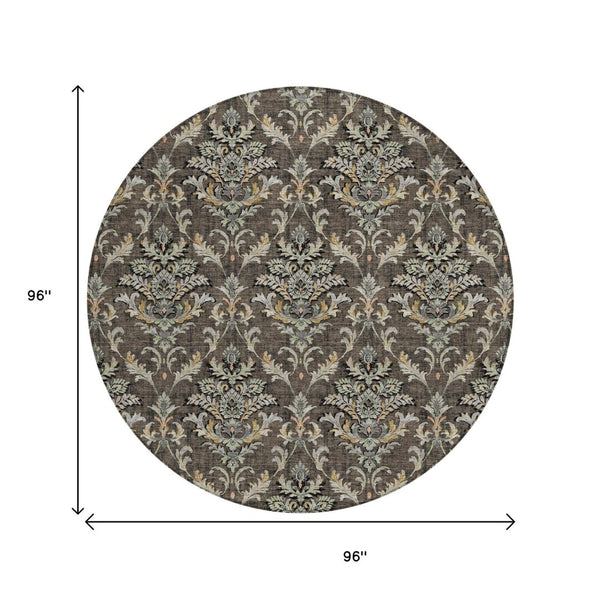 HomeRoots 8' Chocolate Copper and Black Round Damask Area Rug - Stylish, Durable, Washable for Indoor/Outdoor Use 659398