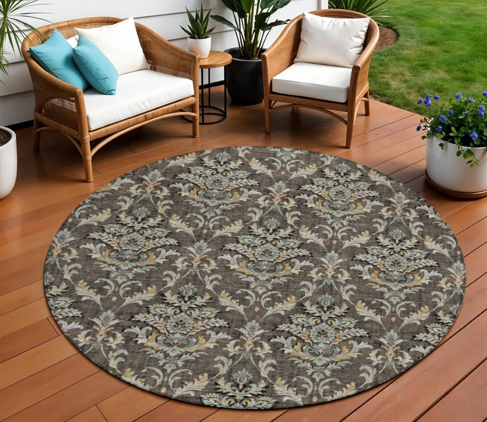 HomeRoots 8' Chocolate Copper and Black Round Damask Area Rug - Stylish, Durable, Washable for Indoor/Outdoor Use 659398