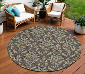 HomeRoots 8' Chocolate Copper and Black Round Damask Area Rug - Stylish, Durable, Washable for Indoor/Outdoor Use 659398